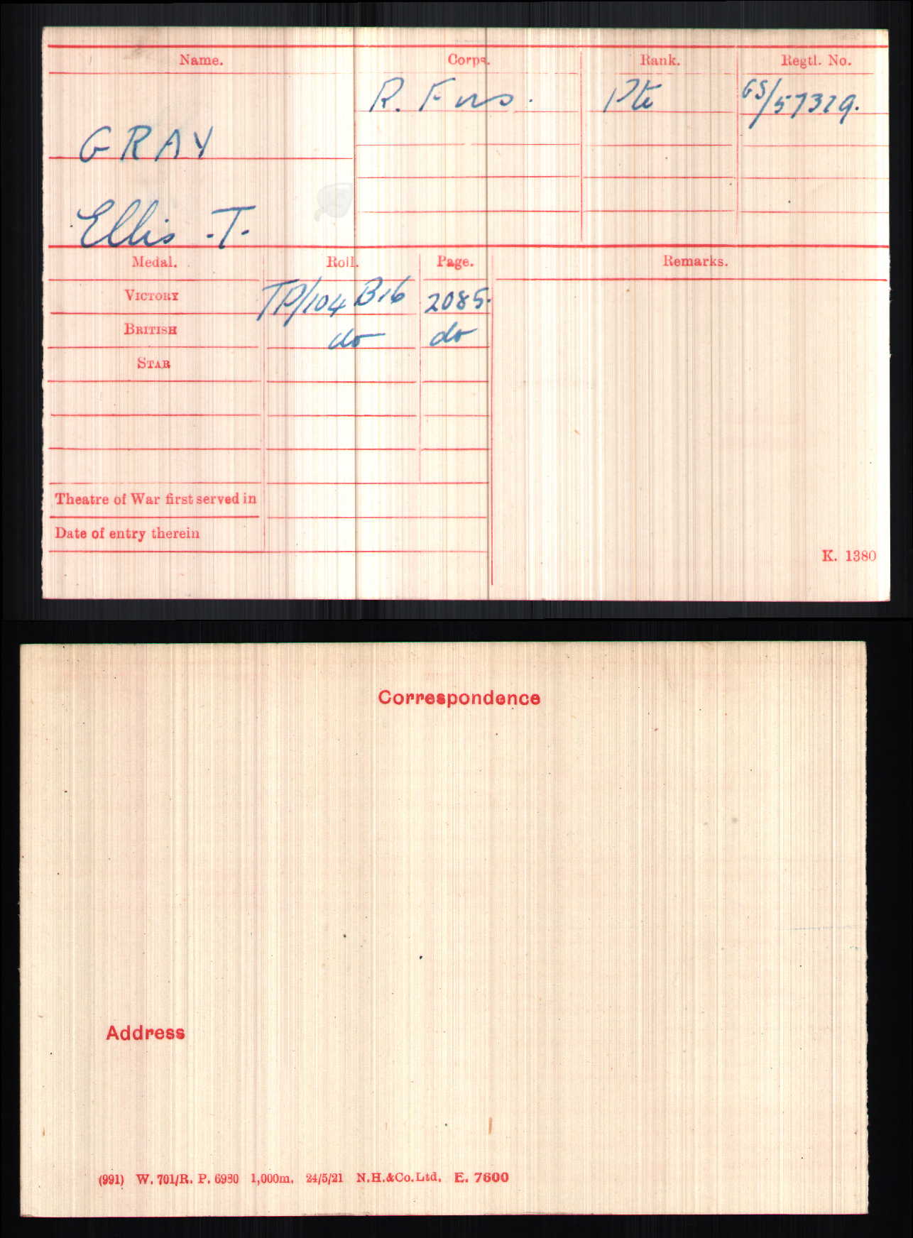 Ellis gray medal card